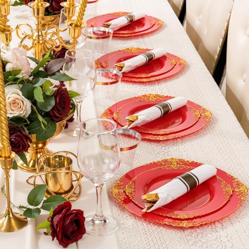 Nervure 100Pcs 10.25'' Red Plastic Plates – Disposable Party Dinner Plates