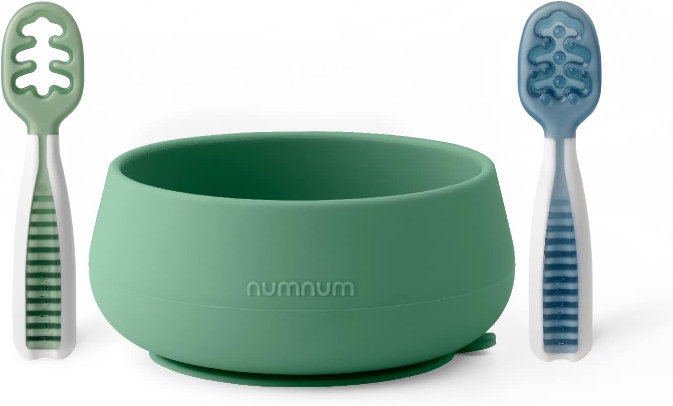 NumNum Baby Bowl & GOOtensils Baby Spoons - Suction Bowls for 4+ Months, BPA-Free Silicone, Dishwasher Safe | Green/Blue