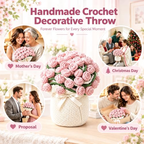 Pink Crochet Rose Bouquet Throw Blanket - Handmade Knit 43in by VORPVAOE