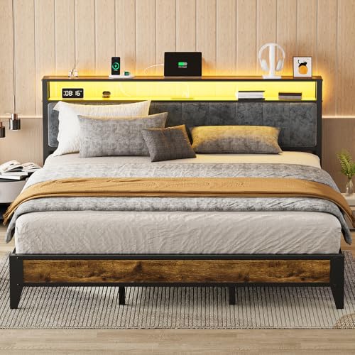 King Size Metal Platform Bed Frame with LED Headboard & Charging Station