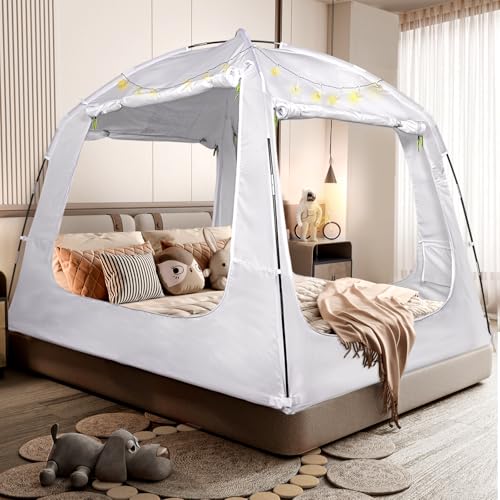 Indoor Blackout Bed Tent with String Lights - 4-Door Privacy Sleep Canopy