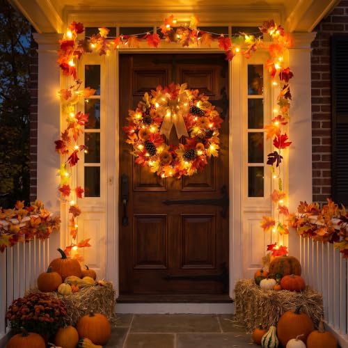 2-Pack Lighted Fall Maple Leaf Garland - 20ft 60 LED Battery String Lights