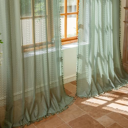 Sutuo Home Sage Green Boho Lace Sheer Curtains 2 Panels, 50x108 in