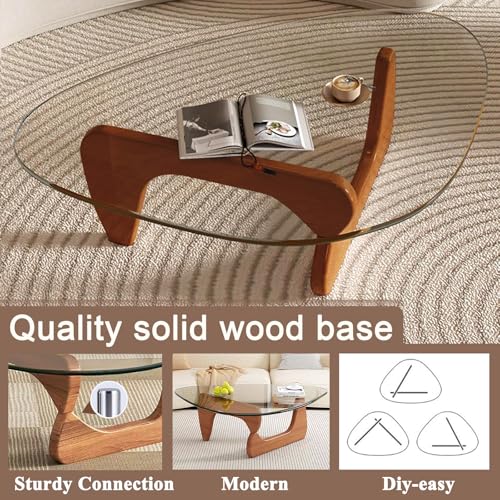 Modern Tempered Glass Coffee Table with Solid Wood Base, Small Walnut Table