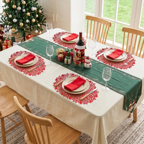 HADEEONG Snowflake Placemats Set of 6 - Red, PVC Dinner Mats 17.7 x 11.8 in