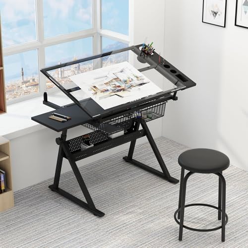 Height Adjustable Drafting Table with Stool and Tilting Glass Top