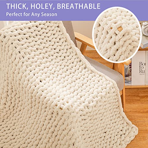 Chunky Chenille Knit Throw Blanket, Soft Hand-Knit Decorative Sofa Throw, Beige
