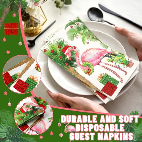 Epakh 200Pcs Christmas Flamingo Napkins Pink Flamingos with Christmas Hat, 4.3x7.9in folded