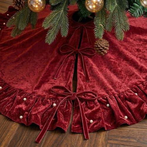 AtiMing 150 cm Red Velvet Christmas Tree Skirt with Ruffled Edge and Pearls (Red with Small Pearls) 60-inch