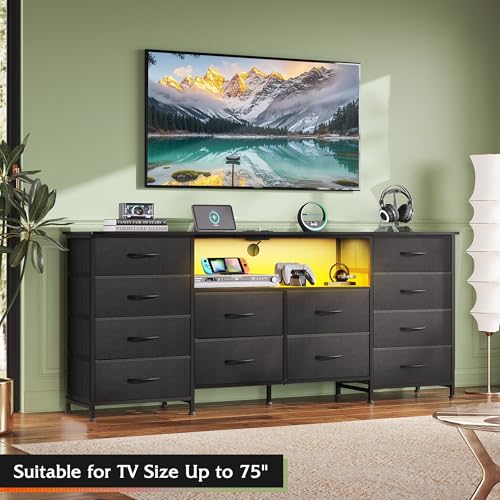 LED TV Stand Dresser with 12 Drawers and Power Outlets for 75-Inch TVs