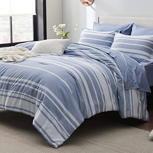 Queen Comforter Set 7 Pieces - Blue Striped Bedding for All Seasons