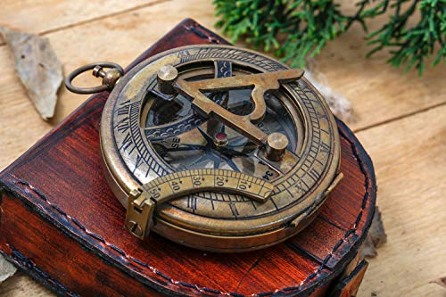 Personalized Solid Brass Sundial Compass with Engraved Leather Pouch
