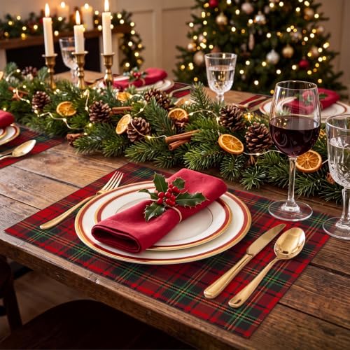 Umigy 60 Pcs Christmas Plaid Red & Green Placemats 10.24 x 14.57 Inch