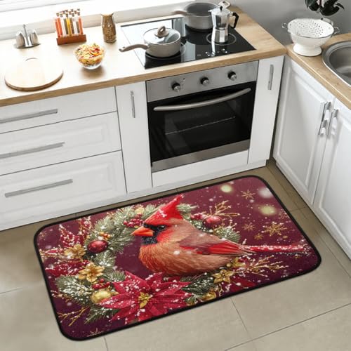 Christmas Door Mat Kitchen Rug with Cardinal Red Design - Anti-Fatigue Cushioned Non-Slip Entryway Mat - 20x39 Inches - A-73