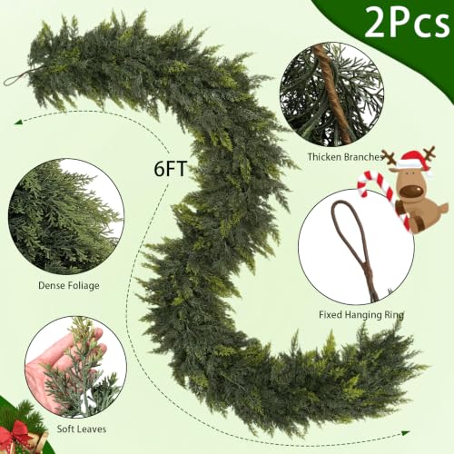 Secqous 6 Ft Artificial Cedar Garland - 2 Pack Christmas Holiday Decor