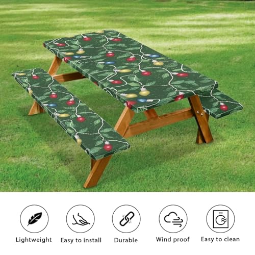 Christmas Lights Picnic Table & Bench Covers 3-Piece Large Waterproof Set