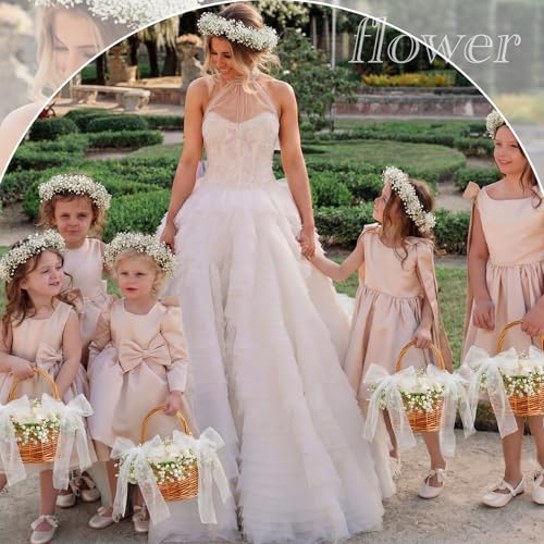 Rustic Wicker Flower Girl Basket with Artificial Baby Breath & Bow
