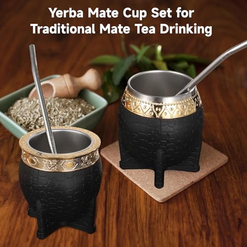 DORMIYA 2PCS Black Stainless Steel Yerba Mate Cups 6oz Insulated with Straw