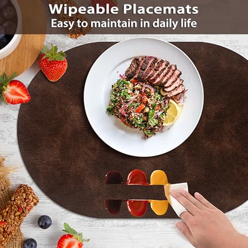 ADRIMER Coffee Oval Placemat Set of 12 - Wipeable Faux Leather, 17x12 inches