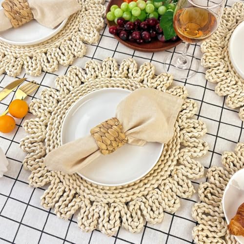 IcosaMro Boho Woven Placemats Set of 6 - 13.8 Inch Natural Table Mats, Style B