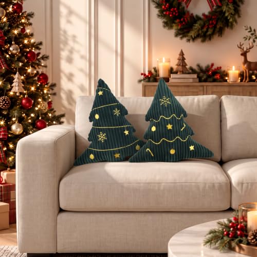 Green Corduroy Embroidered Christmas Tree Pillows Set of 2, 14x16 Inches