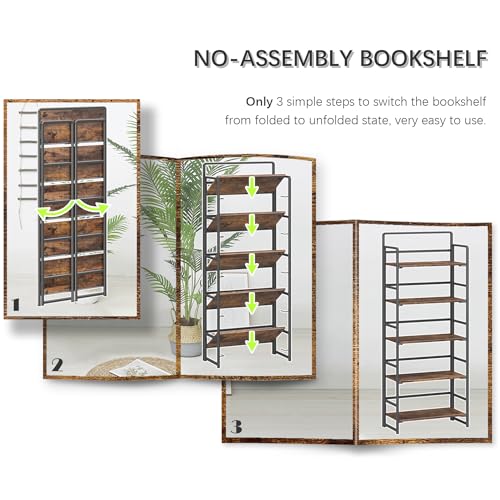 5-Tier Folding Bookshelf, Industrial Metal and Wood Storage Rack