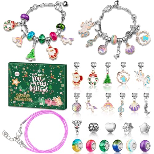 Girls 24-Day Advent Calendar Jewelry Kit Unicorn Mermaid Charm Bracelet Set 2026 (Variation: Christmas+Unicorn) Kids Teens Women