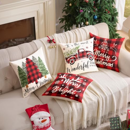 YOSICHY Set of 4 Buffalo Plaid Christmas Pillow Covers 16x16 Inches - Farmhouse Holiday Decor