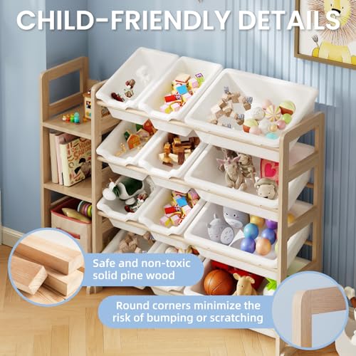 Solid Wood Kids Toy Storage Organizer with Bookshelf & 12 Bins, White