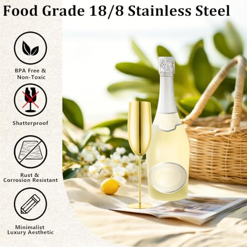 UNISWEET Gold Stainless Steel Champagne Flutes Set of 2 - Unbreakable, Long Stem, 8.5 oz Wedding & Party Toasting Glasses