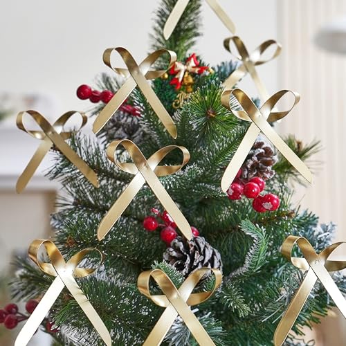 FESTGLOX Gold Metal Christmas Tree Bow Ornaments Set - Tree Topper Decoration