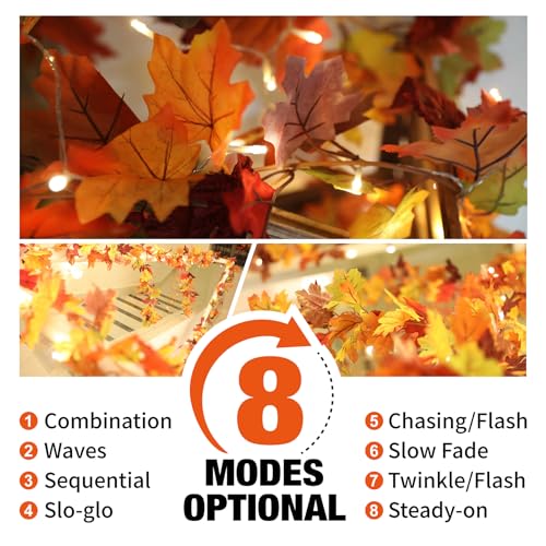 Artificial Fall Maple Leaf Garland with 40 LED String Lights, 2 Pack