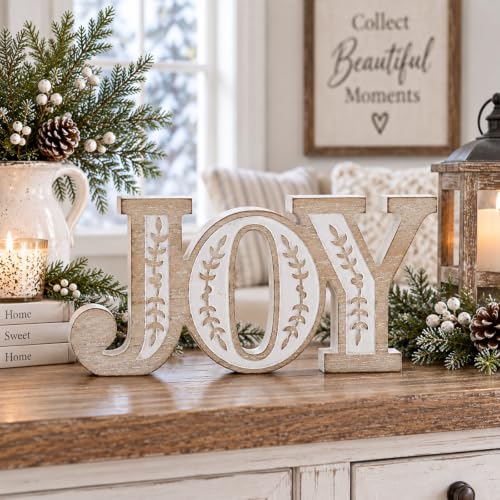 TRENDIN Joy Christmas Sign - Carved Rustic Wooden Decor, 9.3 x 4.3 inches, Multi