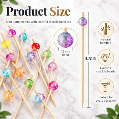 Multicolor Crackle Bead Cocktail Picks - 100 Pack Long Bamboo Appetizer & Garnish Skewers
