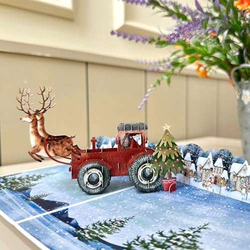 AIMEEOI Vintage Christmas Card with Santa in Red Truck & Reindeer, 5x7 Holiday Greeting with Envelopes, Unique Pop Up Design