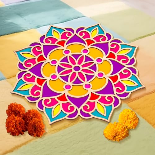 Reusable Wooden Rangoli Mat - 12x12 Inch Decorative Floral Board for Diwali