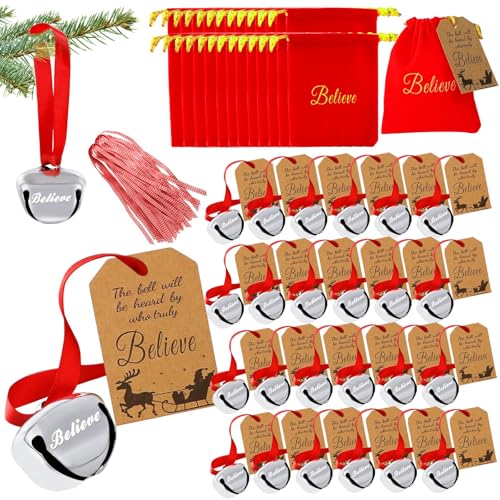 TANTOPALE 48-Pack Christmas Believe Bell Ornaments Silver Sleigh Bells Holiday Decorations