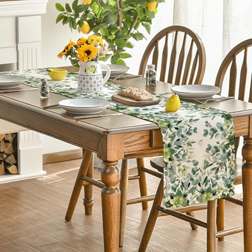 Green Floral Eucalyptus Summer Table Runner 13x72 Inches for Kitchen Dining