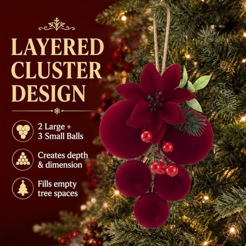 Burgundy Velvet Christmas Ball Clusters Ornaments Set - 4 Pcs Holiday Decor