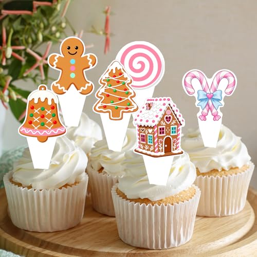 Pink Gingerbread Christmas Cupcake Toppers 50Pcs Non-Edible Party Decorations