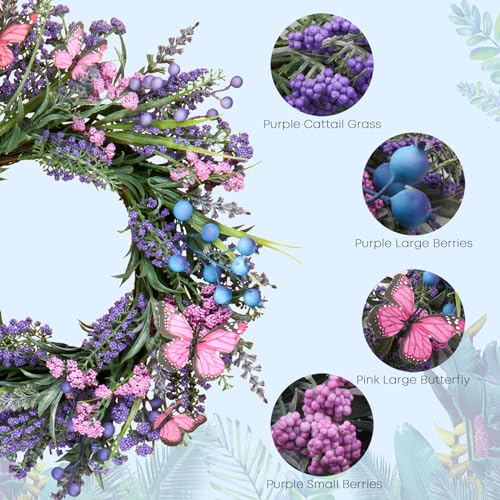 18-Inch Lavender Wreath with Butterflies and Berries for Front Door Decor