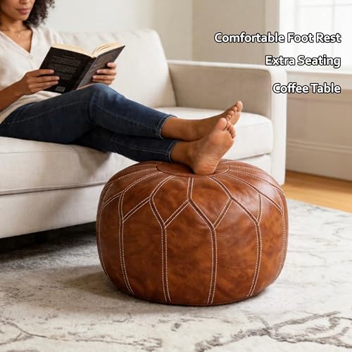 Round Faux Leather Unstuffed Pouf Ottoman - Boho Moroccan Foot Stool