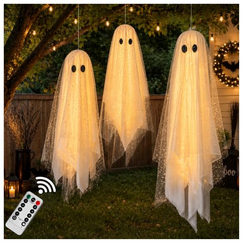AYGXU 3-Piece Lighted Hanging Ghost Halloween Decorations for Yard and Porch