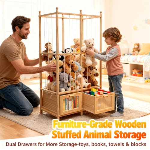 Stuffed Animal Storage Tower with Two Wooden Drawers, 280L Toy Organizer