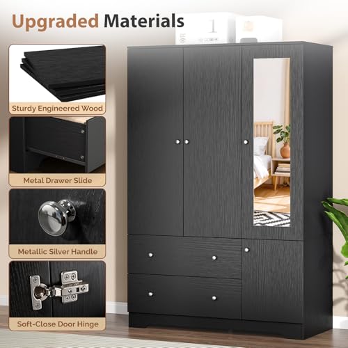 4-Door Freestanding Wardrobe Closet with Mirror, Drawers and Hanging Rods
