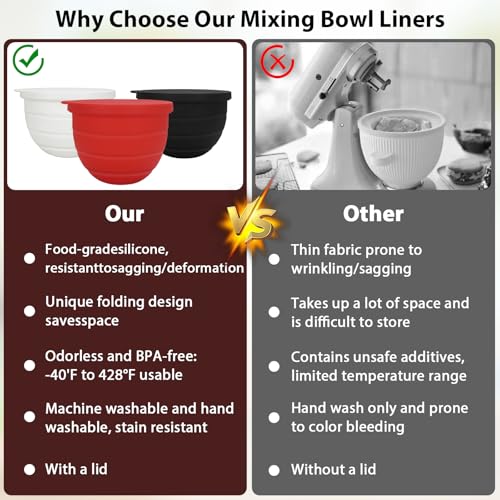 3-Piece Foldable Silicone Mixing Bowl Liners for 5QT Tilt-Head Stand Mixers