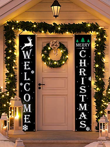 Boao Christmas Porch Banner - Welcome Snowflake Deer Tree Signs, 2 Pack