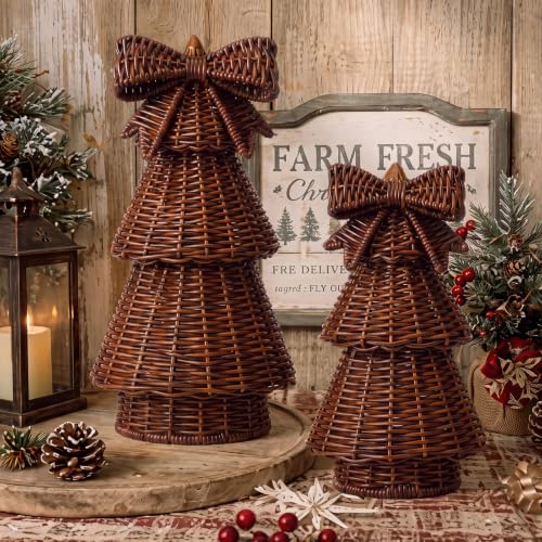 Bucherry 2 Pcs Rustic Rattan Christmas Trees Dark Brown Holiday Decor
