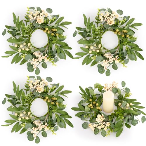 4 Pcs Eucalyptus Candle Rings 7.87 Inch Artificial Green Berry Wreaths