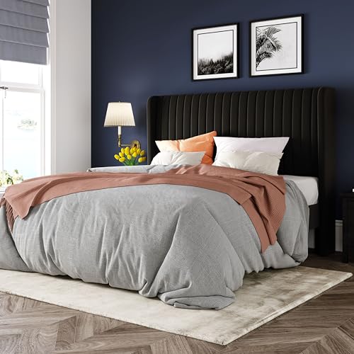 Queen Size Velvet Platform Bed Frame with Wingback Headboard, Black